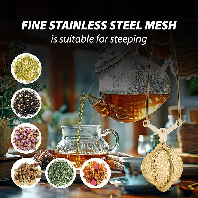 HIC Kitchen Gold Mesh Snap Tea Ball Infuser, Gold-Toned Titanium-Coated Stainless Steel, For Loose Tea or Mulling Spices