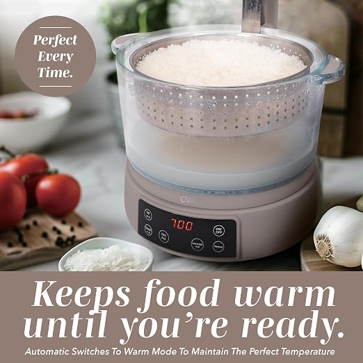 COOK WITH COLOR Glass Mini Low Carb Rice Cooker – Holds 2 Cups Raw/Makes 6 Cups Cooked with Auto Lift Filter Basket, Hotpot & Steamer for Rice, Grains, Digital Panel with Keep Warm, Goat/Mink