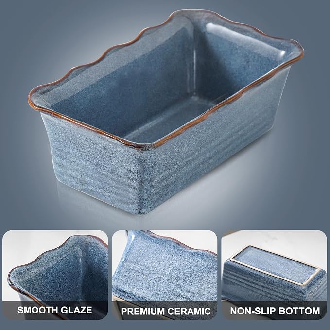 HVH Ceramic Loaf Pan for Baking Bread, Rectangular Baking Bread Loaf Pan, 9 x 5 inch Bread Pan, Bread Baking Pan for Cooking, Wave Series, Farmhouse Style (Wabi sabi)