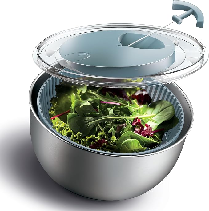 COOK WITH COLOR Stainless Steel Salad Spinner - 5 Qt. Lettuce Washer And Vegetable Spinner Dryer for Easy Salad Prep - Non Slip Base with Pull Handle - Auto Stop Brake System, Stain and Odor Resistant