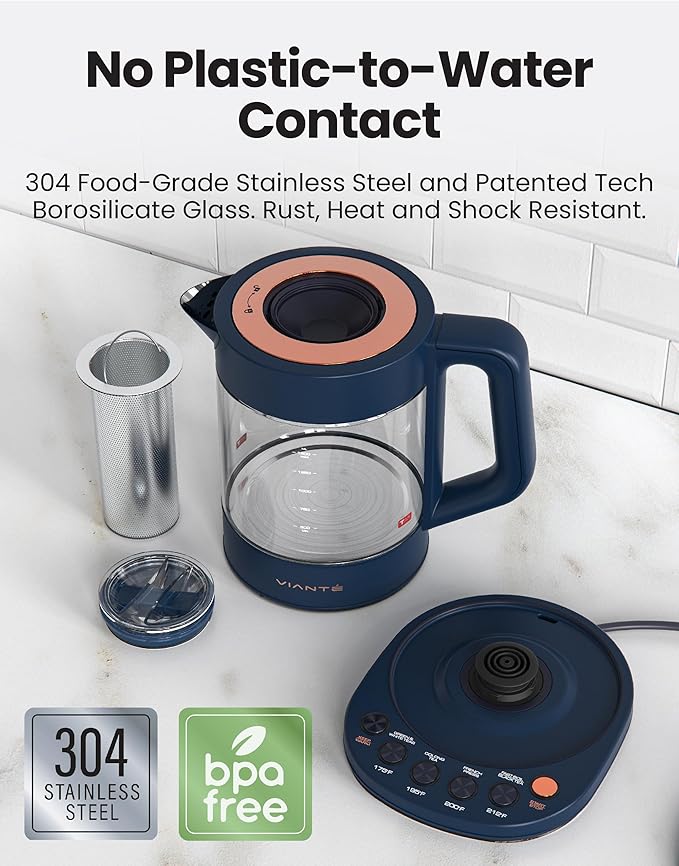 Viante Alba Electric Tea Kettle, Infuser, No Plastic, 1.5L, Midnight Blue | Borosilicate glass & 304 stainless steel construction. 4 temp presets, keep-warm, cordless, auto shut-off