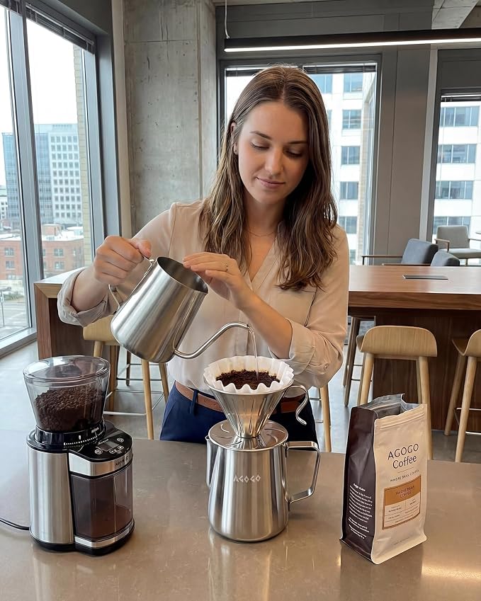 AGOGO Stainless Pour Over Coffee Maker Set, 50 Paper Filters, 30oz, Sliver | Unbreakable carafe for kitchen RV camp and office, includes barista towel, lead-free food grade 304 stainless steel
