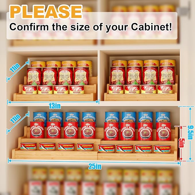 Expandable Bamboo Can Rack Organizer for Pantry, 3-Tier Adjustable Can Storage Holder, Soda Organizer Holds Up to 24 Cans, Canned goods Storage Display for Pantry, Cabinet, Countertop (patent pending)