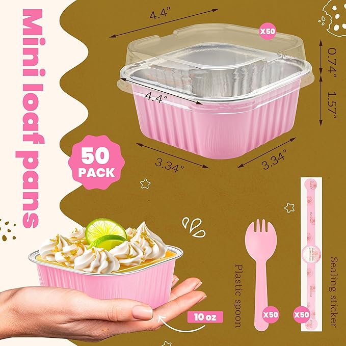 NPLUX Square Cake Pans with Lids, 50 Pack Pink 10oz for Birthday Treats | Works for crumble cups, panna cotta, custard and snack servings; label area supports flavor organization.
