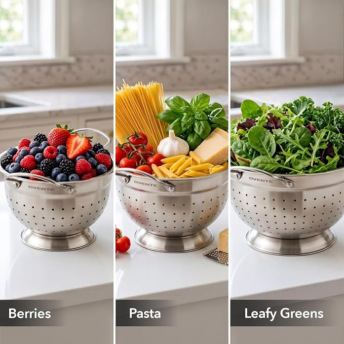 OVENTE Premium Stainless Steel Colander Set of 3, Silver C46263S | Comes with different sizes: 1.5, 3, 5 QT, Comfortable Large Handles, Ideal for draining pasta or Rinsing Vegetables or fruits