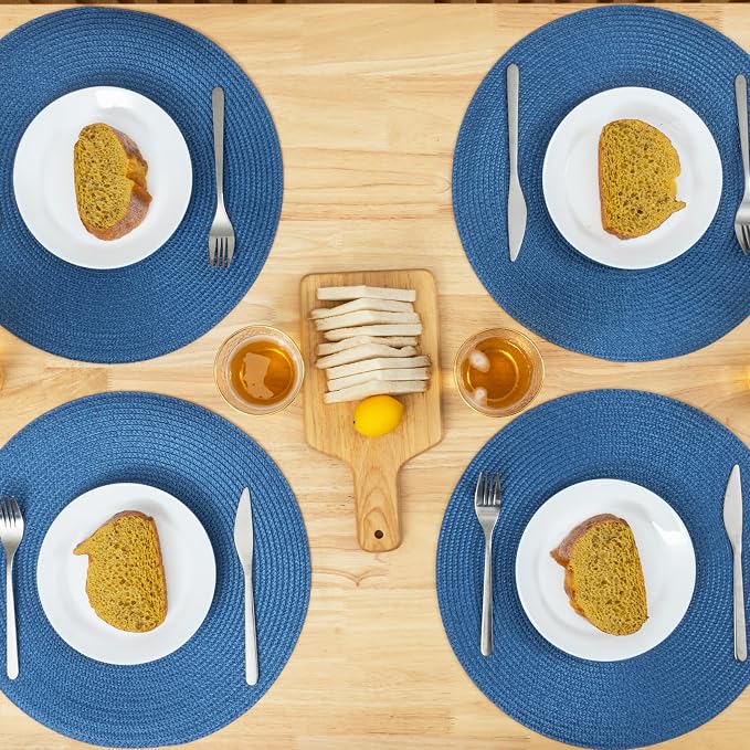 Winknowl Round Braided Placemats Set of 6 Washable Woven Heat Resistant Table Mats for Kitchen Dining Tables 15 inch Round Place Mats (Blue,6pcs)
