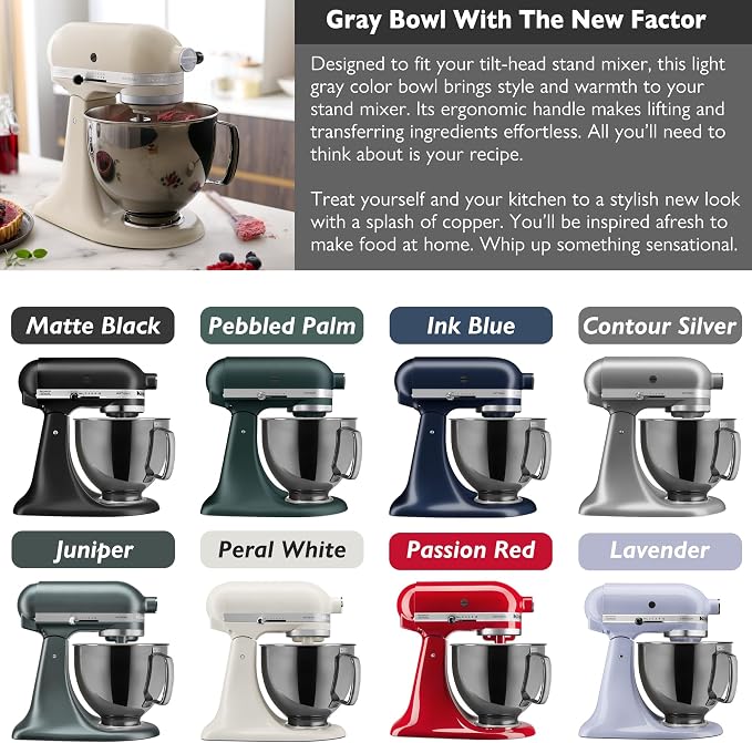 5 Quart Metallic Finish Stainless Steel Mixer Bowl for KitchenAid Classic&Artisan Series 4.5-5 QT Tilt-Head Mixer, Gray Color, Silicone Scraper, Dishwasher Safe, Fit K45SS KSM75 KSM90 KSM150