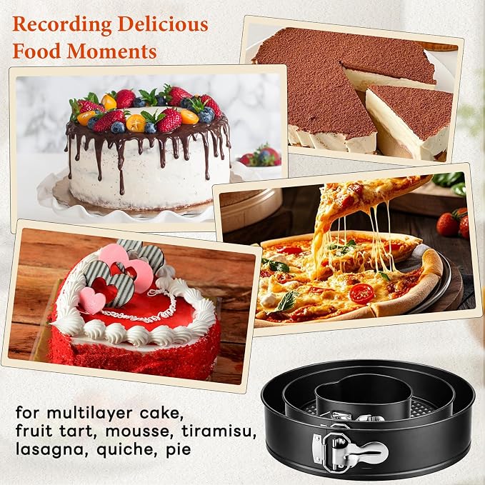 COOLMI Springform Pan Set of 3, 4 Inch Heart & 7/9 Inch Round Cheesecake Pans, Nonstick Cake Pans with Removable Bottom, Leak-Resistant Carbon Steel Bakeware for Baking, Cake Release Knife Included