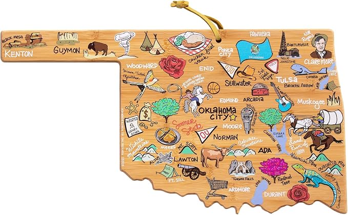 Totally Bamboo Oklahoma State Shaped Cutting Board, Art by Fish Kiss | State charcuterie board with colorful hand-drawn map artwork. Smooth reverse side for food prep. Hang tie for wall display.