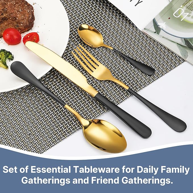 24 Pieces Flatware Set, Caliamary Stainless Steel Flatware Set with Silverware Holder Spoons Forks Knives,Utensils Set Service for 6,Gold Mirror Polished and Matte Pink Painted (Black)…