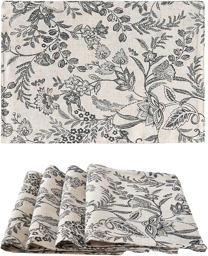 JINCHAN Linen Floral Placemats Set of 4 Farmhouse 13x19 Inch Black | Fabric Placemats, Cottage Style, Vintage Botanical Pattern, Machine Washable, Easy to Store, Reusable
