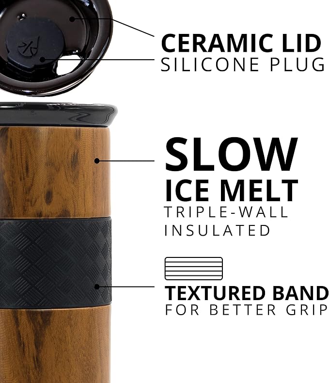 Elemental Artisan 16oz Triple-Wall Insulated Coffee Tumbler w/Ceramic Lid | Triple Wall Coffee Travel Mug, Reusable Stainless Steel Coffee Tumbler; Thermal Coffee Cups for Hot (6 Hrs) & Cold (18 Hrs)