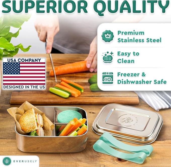 Stainless Steel Bento Box + Condiment Container - Green, 37oz / 1.1 L | Everusely metal lunch box, leakproof sauce container, 3 compartment snack organizer for travel, freezer & dishwasher safe