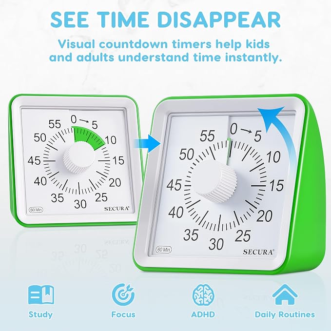 Secura Visual Timer for Kids, 60 Minute Classroom Countdown Timer for Study | Non-Ticking, Adjustable Alarm Volume/Duration, Low Power Reminder, Time Management Tool for ADHD (Green & Green)