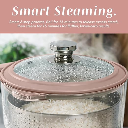 COOK WITH COLOR Glass Mini Low Carb Rice Cooker – Holds 2 Cups Raw/Makes 6 Cups Cooked with Auto Lift Filter Basket, Hotpot & Steamer for Rice, Grains, Digital Panel with Keep Warm, Dusty Rose