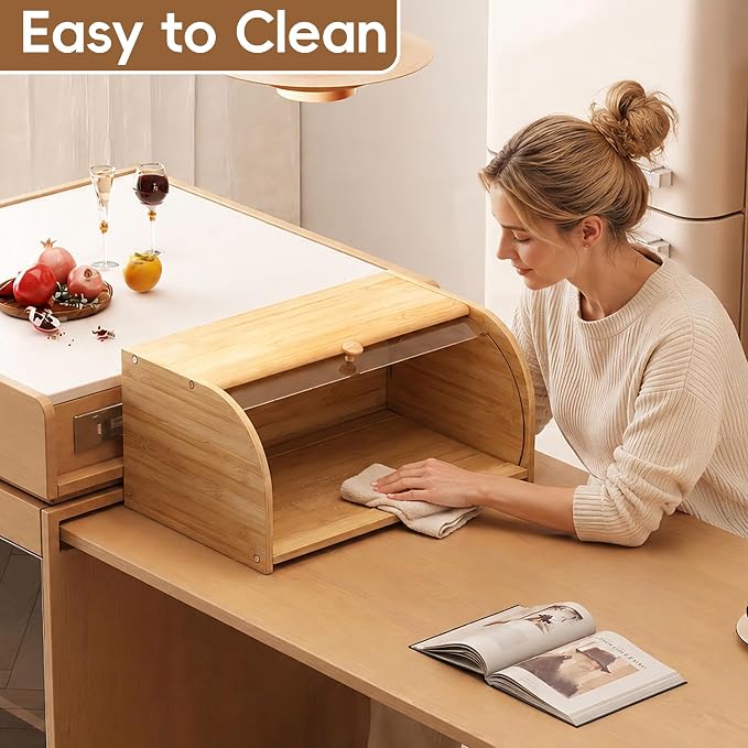 Roll Top Bread Box for Kitchen Countertop with Clear Lid | Natural bamboo, clear roll-top lid. Airtight small breadbox. Fits homemade loaves, bagels, pastries. Easy assembly.