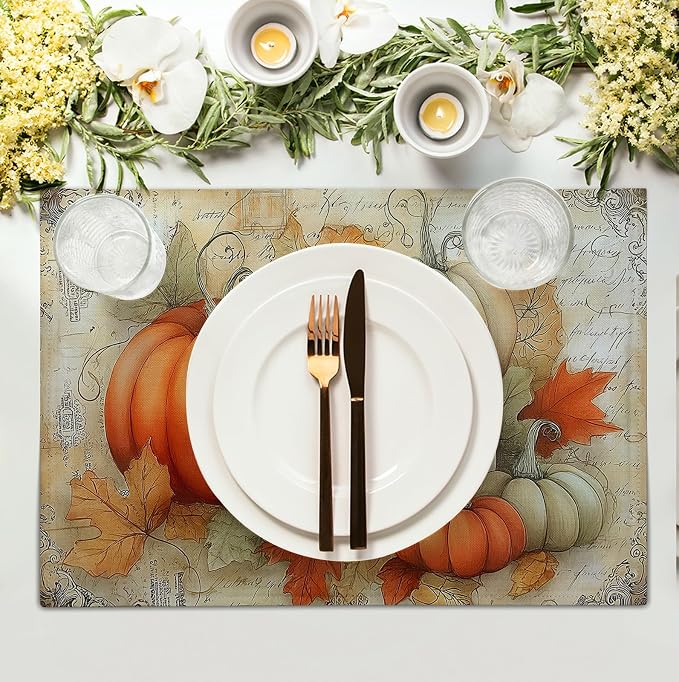 Fall Pumpkin Placemats Set of 4 Vintage Autumn Maple Leaf Seasonal Place Mats 12x18 Inch Thanksgiving Farmhouse Linen Fabric Table Mats for Party Kitchen Dining Outdoor Indoor Decor