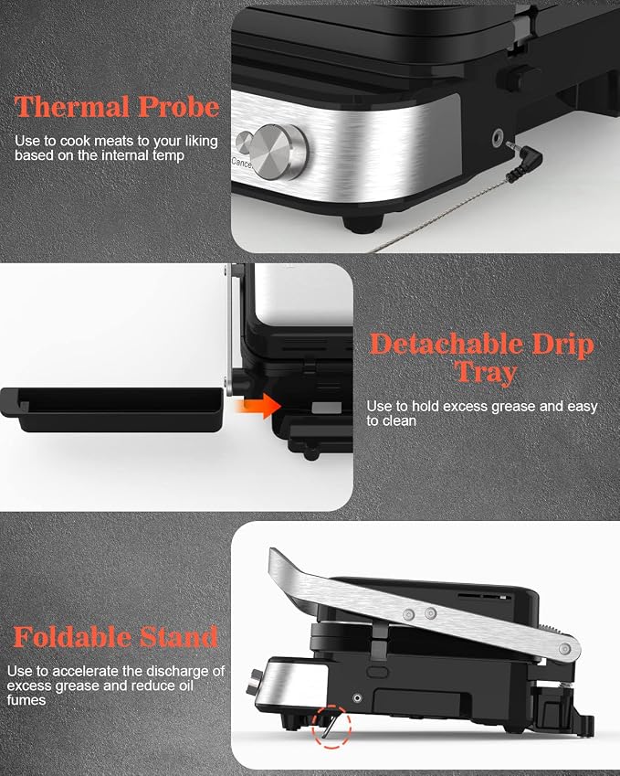 CATTLEMAN Panini Press Grill Sandwich Maker with Removable Plates, 1600W, 5 in 1 Smokeless Indoor Grill & Griddle with Meat Thermometer, Electric Contact Grills for Kitchen, Stainless Steel