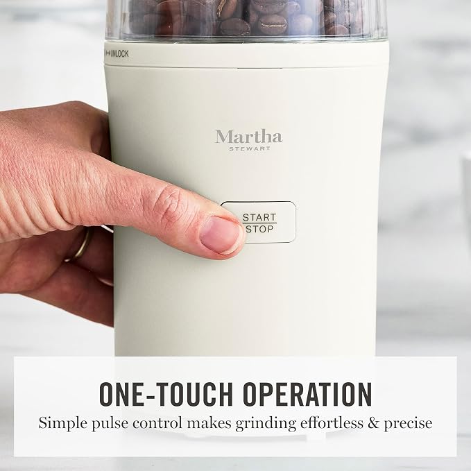 Martha Stewart Electric Coffee & Spice Grinder with Dual Bowls, Linen Cream | Dual 2.5oz Removable Bowls for Coffee Beans, Nuts, Herbs & Spices, Stainless Steel Blade, One-Touch Pulse Control, Easy Clean