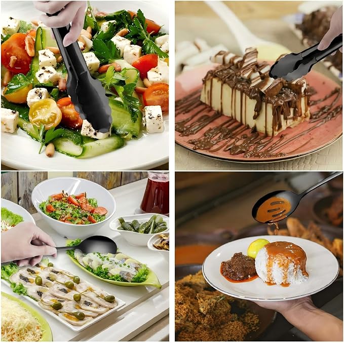 Serving Utensils, XEVOM 6-Piece Stainless Steel Serving Utensil Set Black | Include Serving Spoon, Slotted Serving Spoon, Serving Fork,Serving Tong, Appetizers Tong,Pie Server