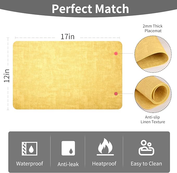 Maxpearl Faux Leather Placemats Set of 6, Easy to Clean, Light Yellow | Waterproof - Heat Resistant - Non Slip - Wipe Clean Dining Table Place Mats, Suitable for Indoor & Outdoor Use, 17''×12''
