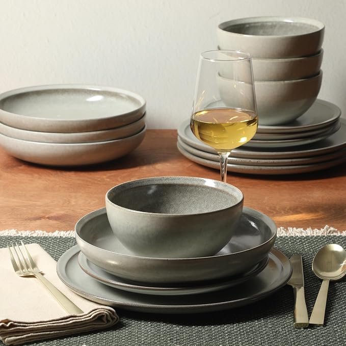 Gibson Elite Beckett Stoneware Matte Reactive Glaze 16 Piece (Service for 4) Plates and Bowls Dinnerware Set - Ash White