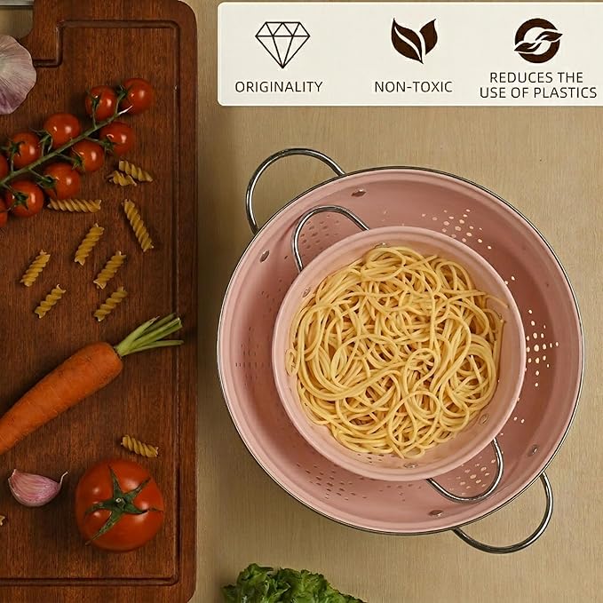 Metal Colander 2 Pack, Strainer Bowel with Handles 2Qt & 6Qt Powder Coated Solid Ring Base Heavey Duty Kitchen Drainer Basket for Pasta Veggies and Fruits,New Home Apartment Essentials (Pink)