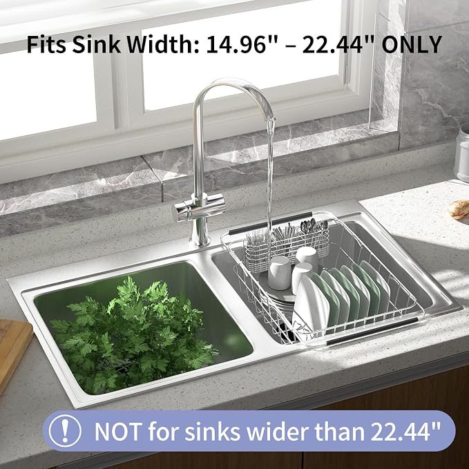 JAQ Over Sink Dish Drying Rack, Expandable 14.96"–22.44" Adjustable Dish Rack for Kitchen Sink, 304 Stainless Steel Dish Drainer with Utensil Holder, Space Saving for Most Standard Kitchen Sinks