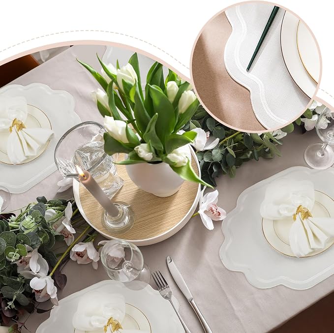 Scalloped Cotton Placemats Set of 6, 17x13 Inch White Embroidered Table Mats, Double Layered Machine Washable Place Mats for Wedding, Party & Dining Room Decor