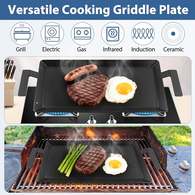 Carbon Steel Griddle for Gas Stovetop Grill Universal Professional Double Burner Cooking Plate for Induction Stove Top Electric Oven Flat Top Griddle Pan Replacement for Made In Cookware, 24" x 10.5"