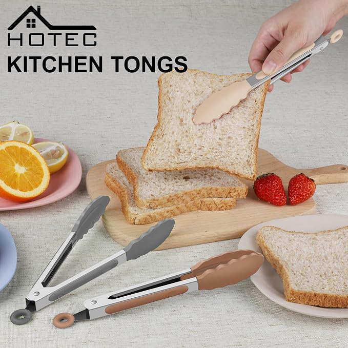 Hotec Mini Silicone Kitchen Tongs for Cooking - 7-Inch Small Serving Tongs with Silicone Tips, Set of 3 (Neutral Color)