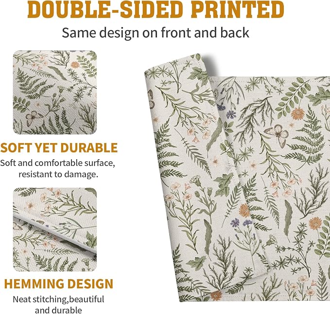 Sage Green Wild Flower Spring Summer Placemats Set of 4 Seasonal Wildflower Plants Herbs Linen Table Mats 12x18 Inch Vintage Floral Place Mats for Farmhouse Kitchen Dining Decoration