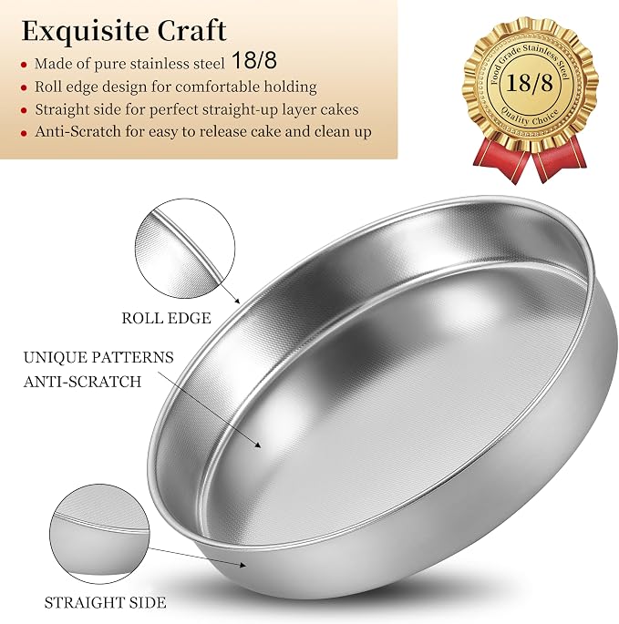 Inqibee 8-9.5 Inch Round Cake Pan Set, Stainless Steel Textured Bottom | Tri-ply Stainless Steel, Rolled Rim Layer Cake Bakeware, Oven & Dishwasher Safe, Healthy Non-Toxic for Birthday Wedding Cake