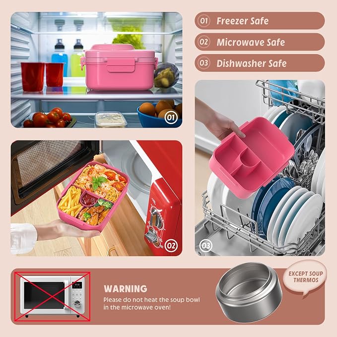 Upgraded Kids Lunch Box with Thermo for Hot Food 1400ml Child Bento Box for Kids with 5oz Small Thermo for Boys Girls with Fork Spoon Leakproof for Dining Out School Work Picnic-Pink