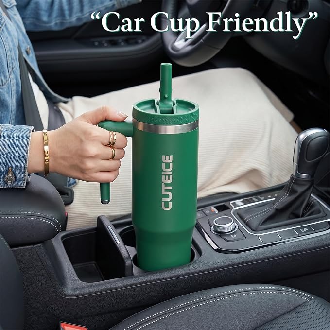 Forest Green 30 oz Insulated Tumbler with Handle Coffee Travel Mug with Lid and Straw, 100% Leakproof Stainless Steel Mug Water Bottle for Iced Tea, Cold Beverages Fits in Car Cup Holder