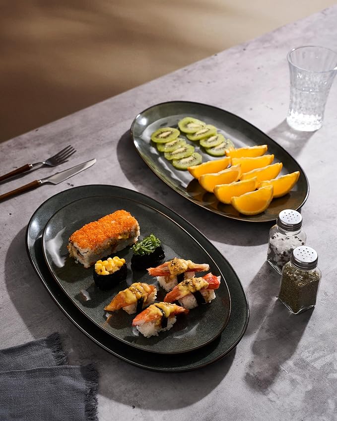 famiware Serving Platters Set of 3 Sizes - Oval, Deep Forest | 15.59"/14.3"/12.9" Fine Stoneware Serving Trays for Party, Entertaining for Food, Turkey, Cheese, Microwave Dishwasher Safe