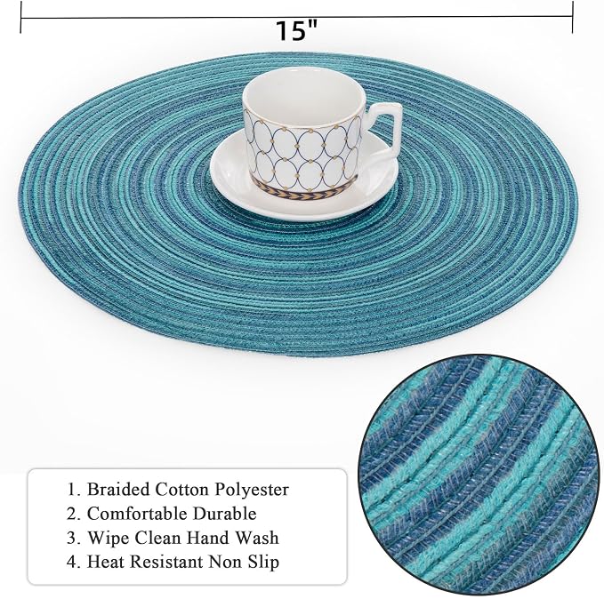SHACOS 15 inch Round Placemats Set of 4 Variegated Multicolor Place Mats Cotton Polyester Braided Non Slip Washable Heat Resistant Table Mats for Home Wedding Dinner Party Table Decor, Rainbow Teal