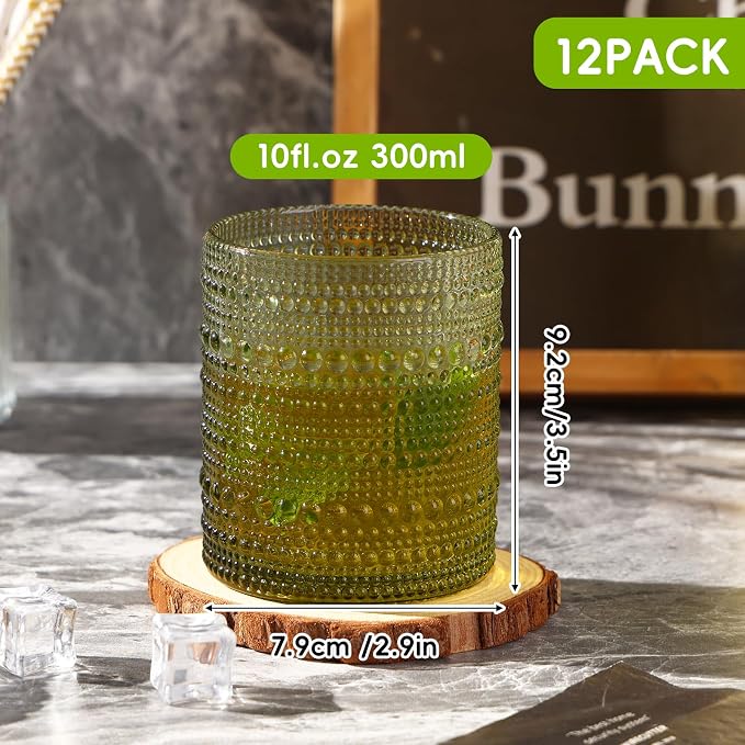Moretoes 12 Pack 10 Oz Green Vintage Hobnail Drinking Glasses Set | Cocktail Glasses Vintage Glassware, Textured Glass Cups Bubble Glasses Water Glasses Old Fashion Jupiter Glasses Set