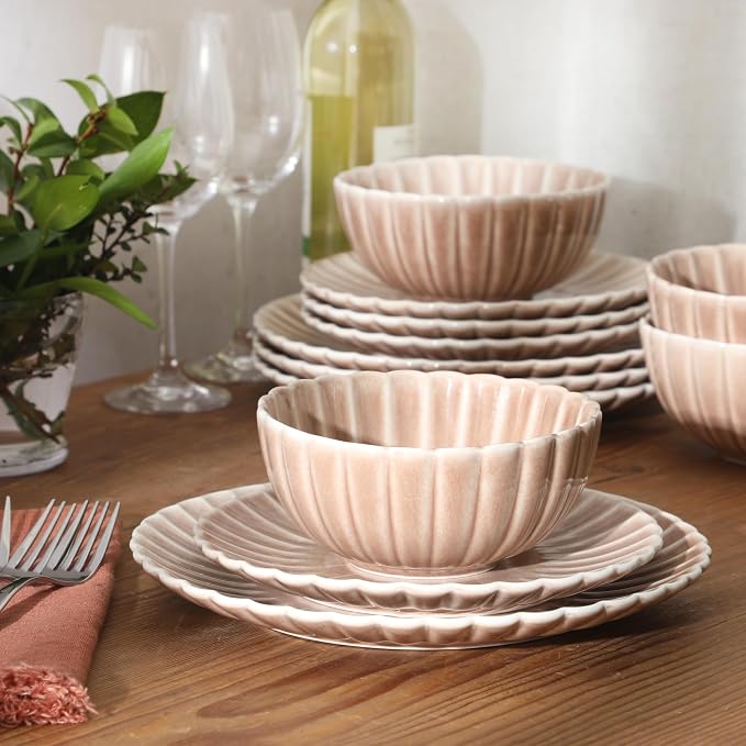 Gibson Elite Peach Orchard 12-Piece New Bone China Dinnerware Set Service for 4, Embossed Fluted Plates and Bowls, Dishwasher and Microwave Safe, Mauve Rose