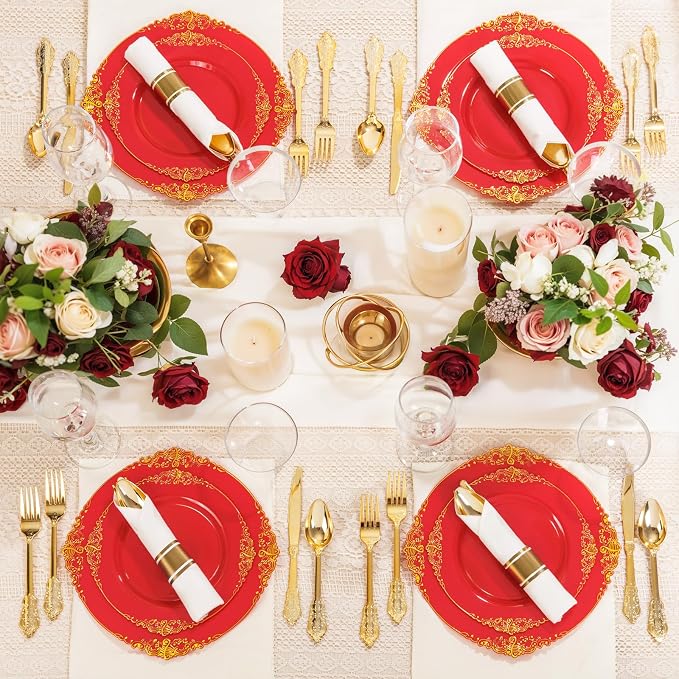 Nervure 175Pcs Red Plastic Plates, Disposable Party Plates for 25 Guests | 25 7.5" Dessert & 25 10.25" Dinner Plastic Plates, 75 Gold Cutlery, 25 9oz Cups, 25 Napkin for Wedding & Party, Heavy-duty