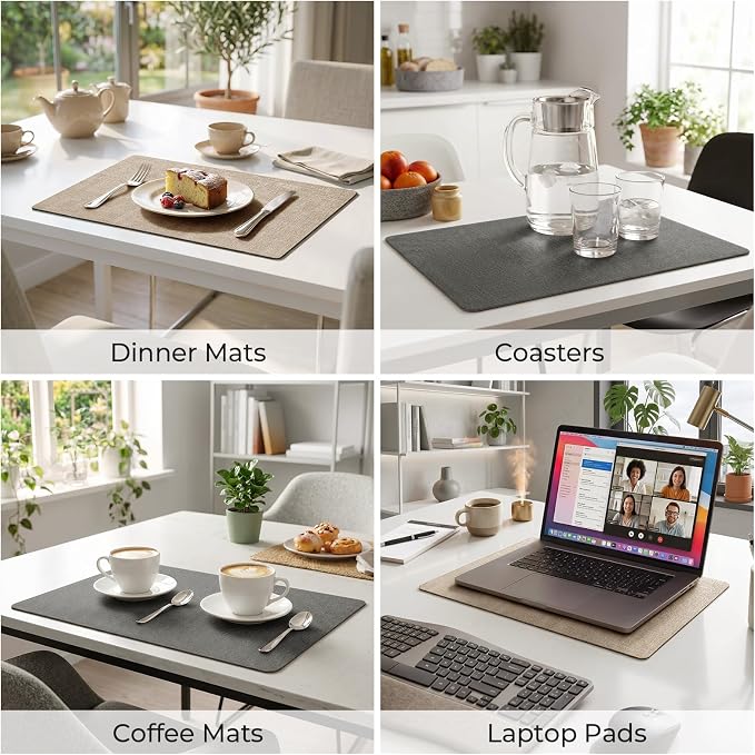 Romanstile Vinyl Placemats Set of 8, Reversible Faux Leather Heat Resistant Wipeable Table Mats, Waterproof Washable Non-Slip Table Placemats for Dining/Kitchen/Party/Outdoor (Grey Khaki, 12" x 17")