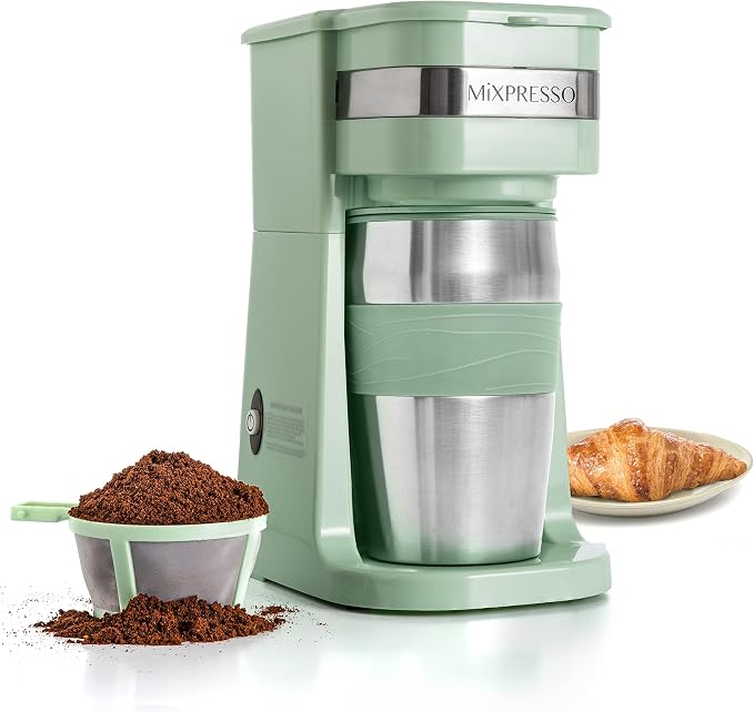 Mixpresso Single Serve & Single Cup Coffee Maker with 14oz Travel Mug Green | For ground coffee only, reusable filter, auto shut off. Compact personal drip coffee maker, not compatible with K-Cup pods.