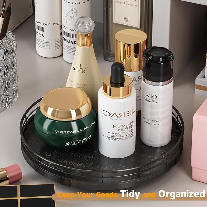 AMH 10-Inch Oak Lazy Susan Vanity Tray with Black Brushed Gold Rail | Smooth rotating oak tray with walnut finish for dining tables, kitchen counters, pantries and cabinet storage.
