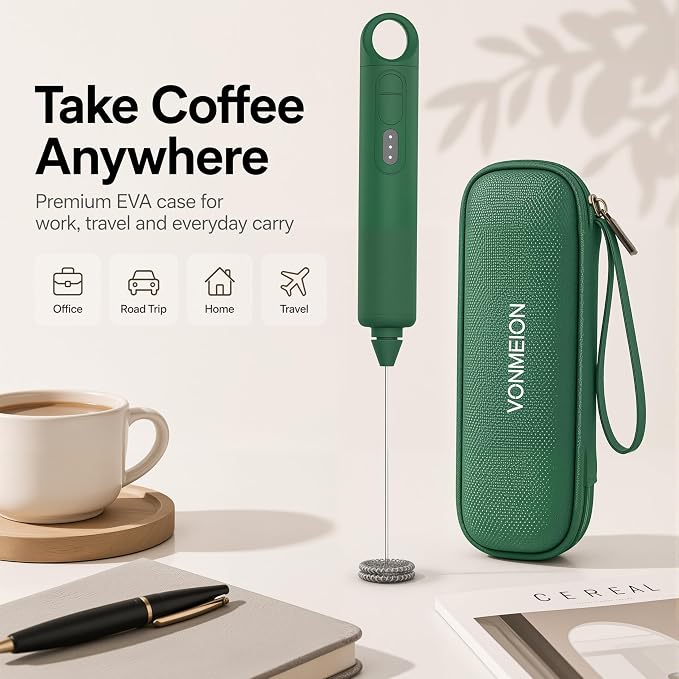Rechargeable Milk Frother Handheld 3 Speed Coffee Foamer [3 Whisk] Electric Drink Mixer for Latte, Cappuccino, Coffee, Eggs, Hot Chocolate,Grass Green