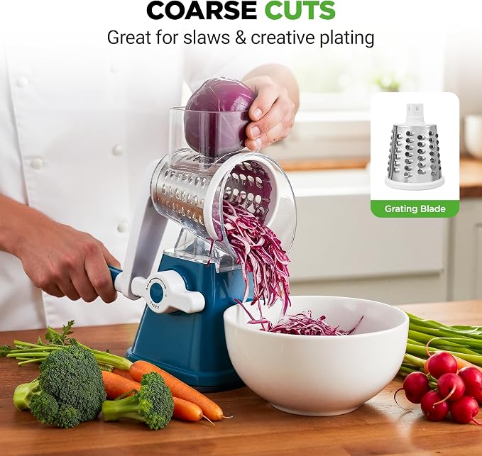 NutriChef 3 in 1 Cheese Grater & Shredder | Strong Suction Base, Rotary Handle with Safety Lock | Includes Hand Crank & 3 Drum Blades for 3 Textures, Fine, Medium & Strips | Blue