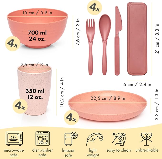 FOODLE Wheat Straw Dinnerware Set - Non-Toxic Kids Plates and Bowls Sets | BPA-Free & Safety Tested - Dishwasher, Microwave Safe Dishes - Easy to Clean - College Dorm Room Essentials for Girls - For 4