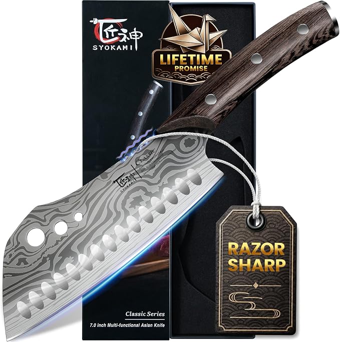 Cleaver Chef Knife with Herb Stripper, 7" Asian Kitchen Knife | 3-in-1 Combined with Chef's Knife, Santoku, Nakiri for Slicing, Chopping, Dicing, Mincing, Housewarming Birthday Cooking Gift