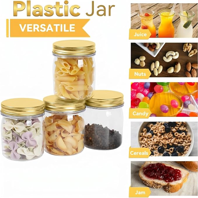 novelinks 8 oz Plastic Mason Jars and Clear Plastic Jars with Lids 8 oz | 8 Pack, Gold, Plastic Containers with Lids, Small Mason Jars, Clear Jars Bulk, Spice Jars, Slime Jars, Mini Jars