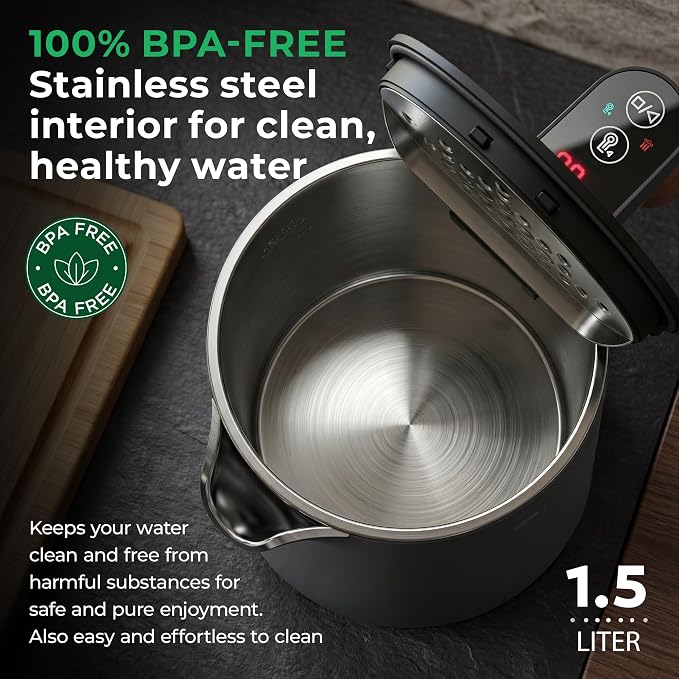 BALTER Electric Kettle with Temperature control, 113 °F – 212 °F, Tea pot, Stainless steel, double wall water kettle, BPA-free, quiet tea kettle, 1.5 L, 2200 W, Titanium Gray