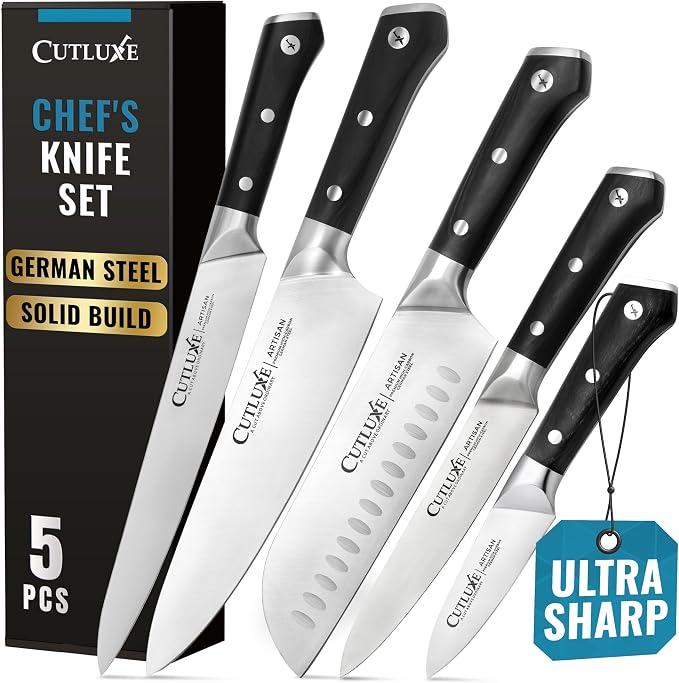 Cutluxe Kitchen Knives, 5-Piece Chef Knife Set – Razor Sharp German Steel | Full Tang Ergonomic Handles, Professional Blades – Artisan Series, Forged High Carbon